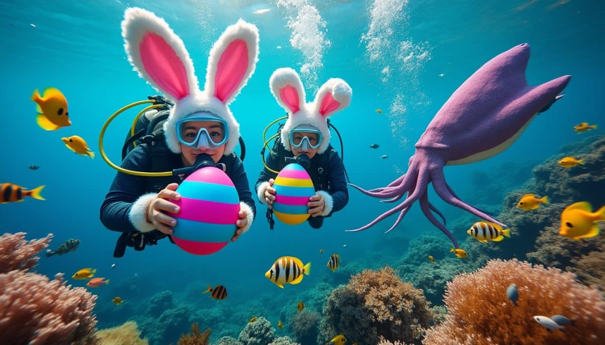 découvrez une scène fascinante où des plongeurs en oreilles de lapin distribuent des œufs de pâques aux animaux marins à rio. un événement ludique et original qui célèbre la beauté de l'océan tout en apportant une touche festive aux merveilles sous-marines.