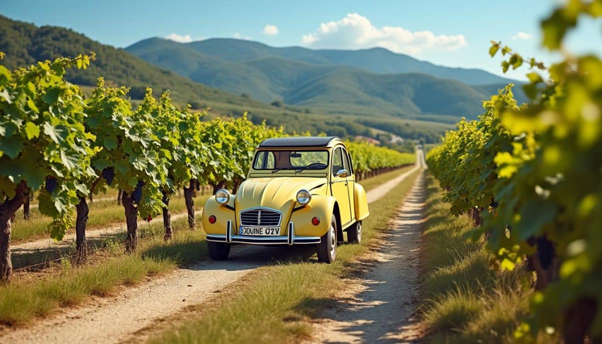 partez à l'aventure et découvrez les vignobles enchanteurs autour de montpellier à bord d'une emblématique citroën 2cv. une expérience unique mêlant paysages pittoresques et plaisir de conduite, idéale pour les amateurs de vin et de nature.